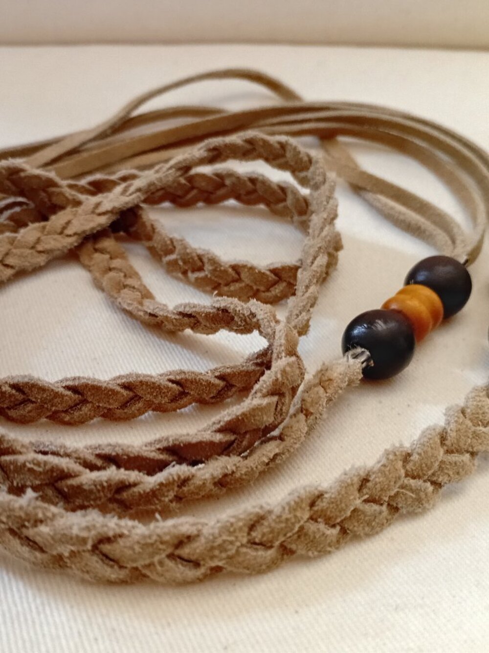 Genuine Suede Braided Boho Thin Tie Belt With Wooden Bead Details
